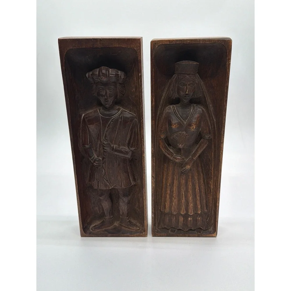 Vintage Hand Carved Wooden Speculaas Cookie Molds Dutch Man Woman Set of 2